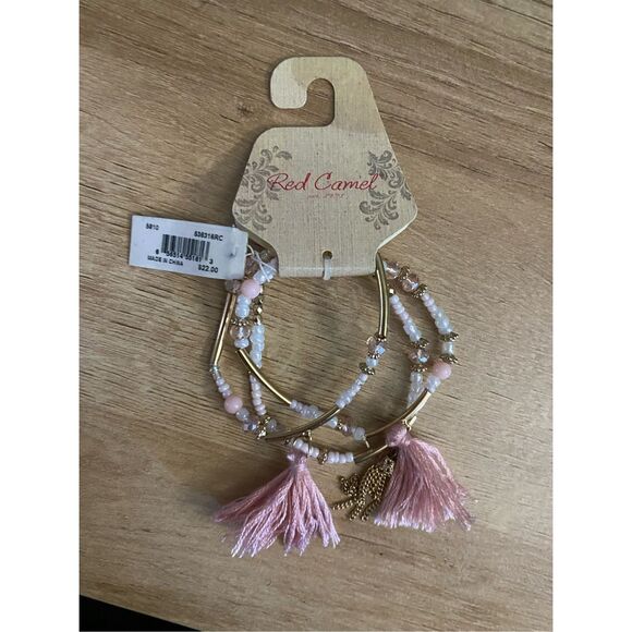 Red Camel NWT Pink Gold Pearl Stretchy Boho Tassel Bracelets - Picture 1 of 4